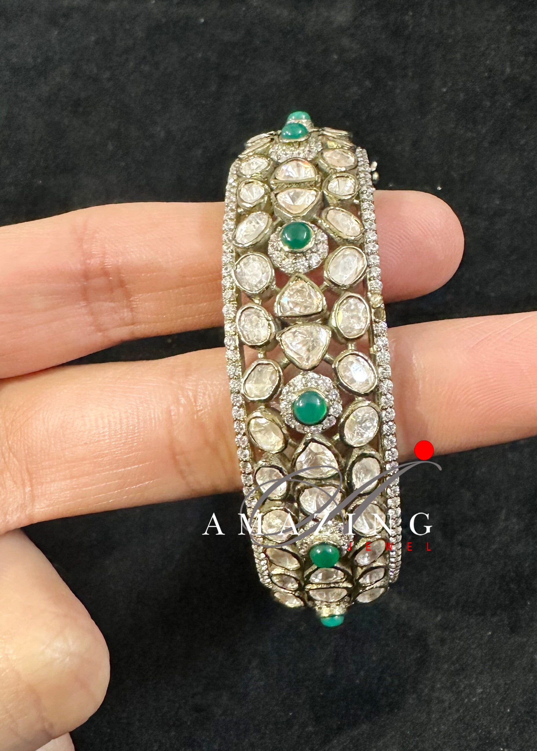 Silver Moissanite Polki Emerald Oxidized Bangle, Moissanite Polki Bangles, Bangles, Wedding Jewelery, Sterling Silver, Polki Bangles