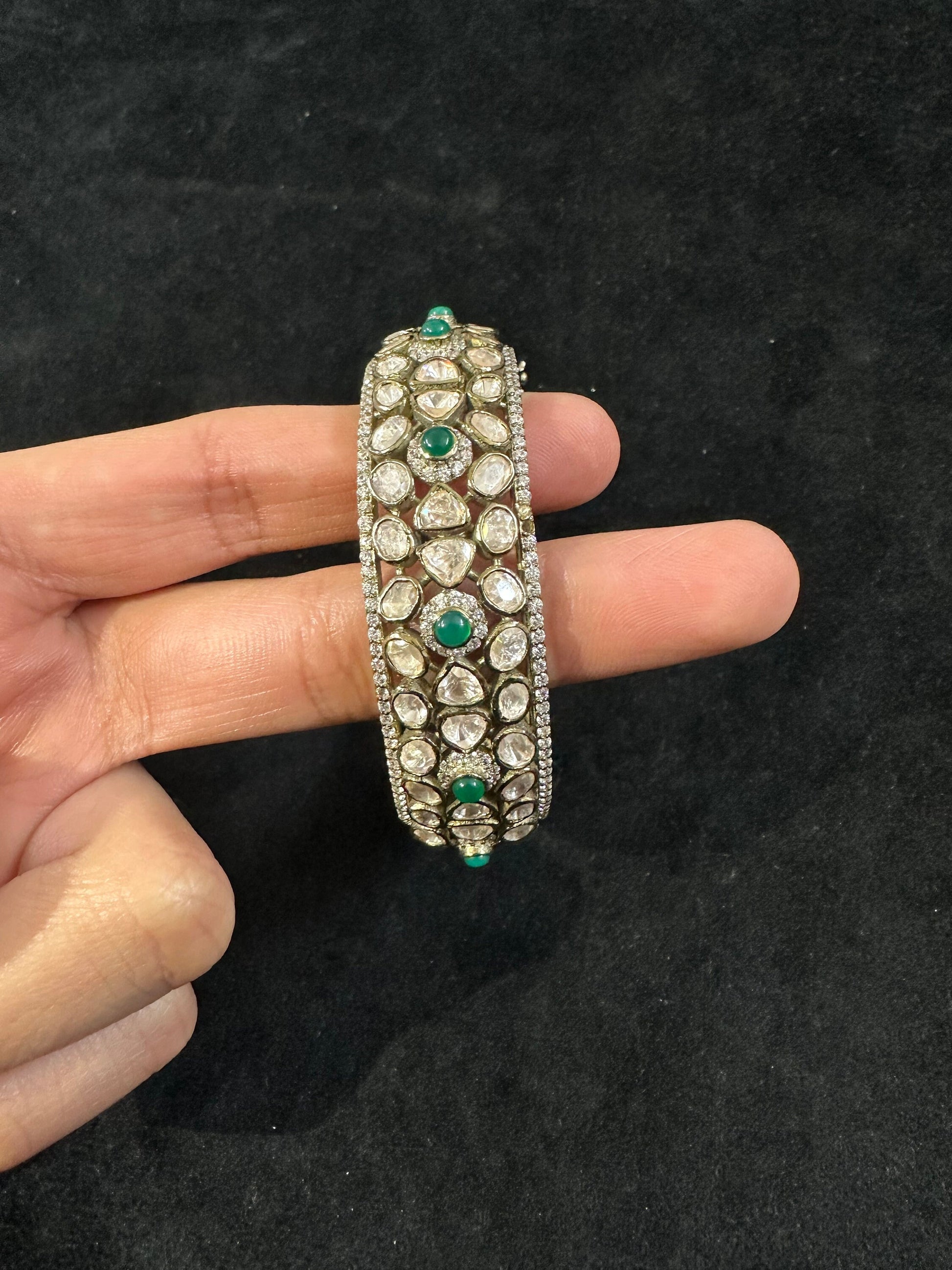 Silver Moissanite Polki Emerald Oxidized Bangle, Moissanite Polki Bangles, Bangles, Wedding Jewelery, Sterling Silver, Polki Bangles