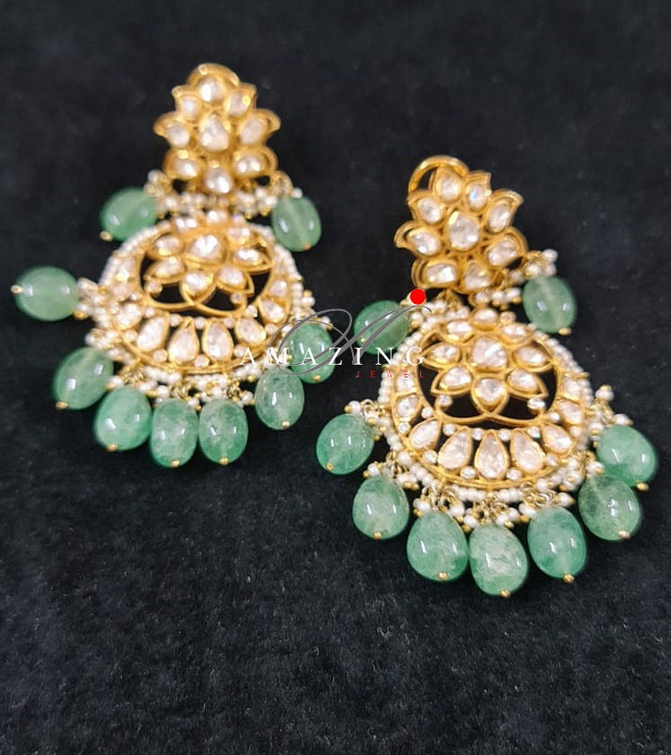 Silver Polki Chandbali, Emerald Earring, Kundan Chandbali, Bridal Jewelery, Traditional Jewelery, 925 Silver Earring, Chandbali, Mossianite