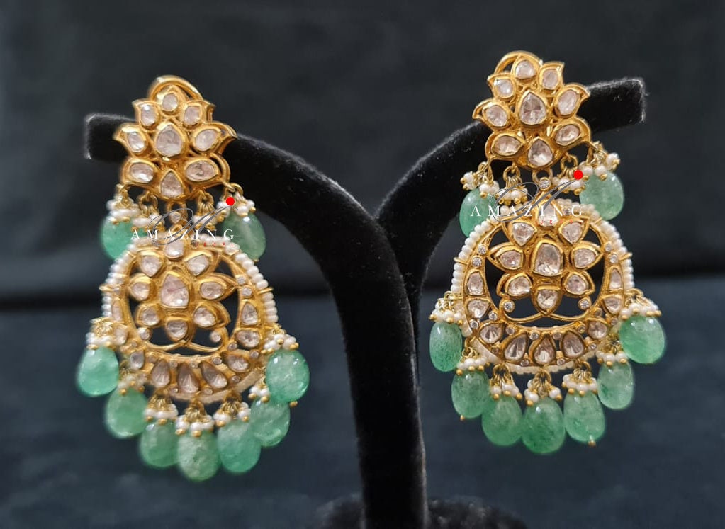 Silver Polki Chandbali, Emerald Earring, Kundan Chandbali, Bridal Jewelery, Traditional Jewelery, 925 Silver Earring, Chandbali, Mossianite