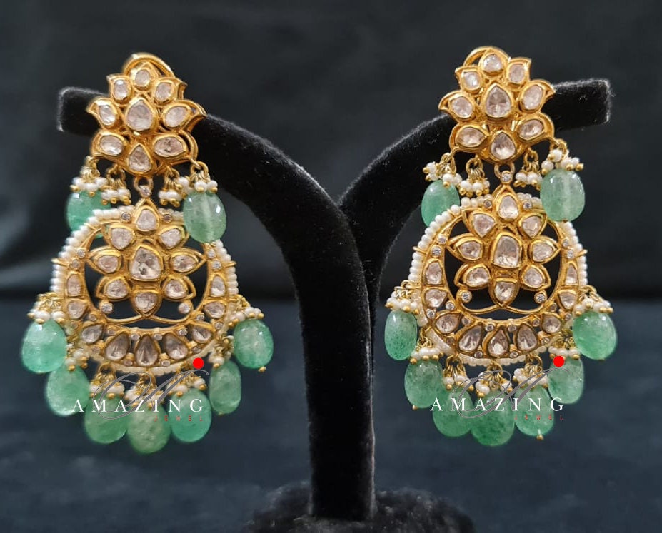 Silver Polki Chandbali, Emerald Earring, Kundan Chandbali, Bridal Jewelery, Traditional Jewelery, 925 Silver Earring, Chandbali, Mossianite