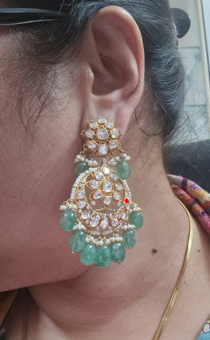 Silver Polki Chandbali, Emerald Earring, Kundan Chandbali, Bridal Jewelery, Traditional Jewelery, 925 Silver Earring, Chandbali, Mossianite