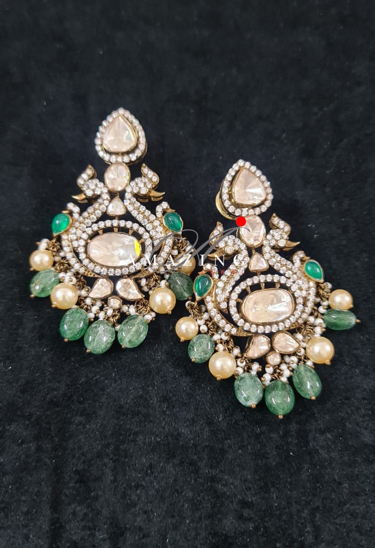 Silver Moissanite Polki Swarovski Stones Earring, Kundan Earring, Bridal Jewelery, South Indian Jewellery, 925 Silver Uncut Oxidised Earring