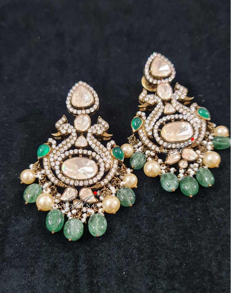 Silver Moissanite Polki Swarovski Stones Earring, Kundan Earring, Bridal Jewelery, South Indian Jewellery, 925 Silver Uncut Oxidised Earring