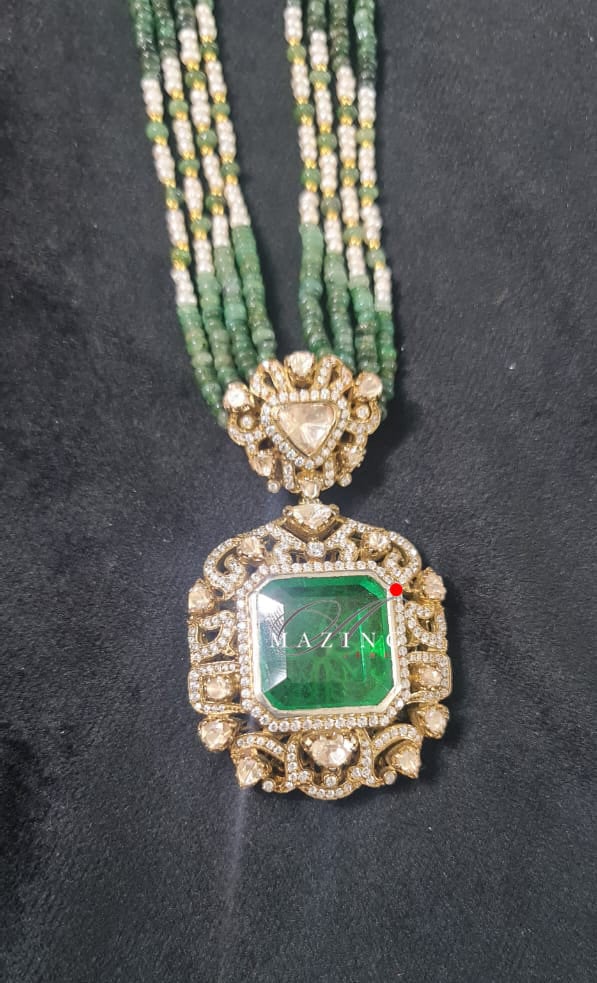 Silver Moissanite Polki Emerald Pendant, Polki Jewellery, Wedding Jewellery, Indian Traditional Jewellery, Pendant, Victorian Pendant