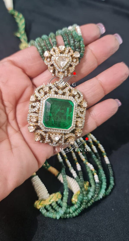 Silver Moissanite Polki Emerald Pendant, Polki Jewellery, Wedding Jewellery, Indian Traditional Jewellery, Pendant, Victorian Pendant