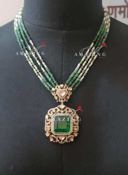 Silver Moissanite Polki Emerald Pendant, Polki Jewellery, Wedding Jewellery, Indian Traditional Jewellery, Pendant, Victorian Pendant