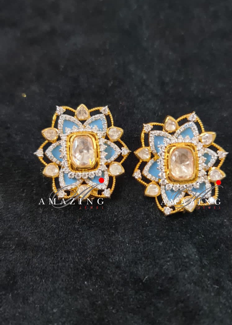 Silver Moissanite Polki Earrings, Enamel Polki Earring, Wedding Jewellery, Blue Firoza Enamel Stud, Royal Jewellery, Statement Earrings