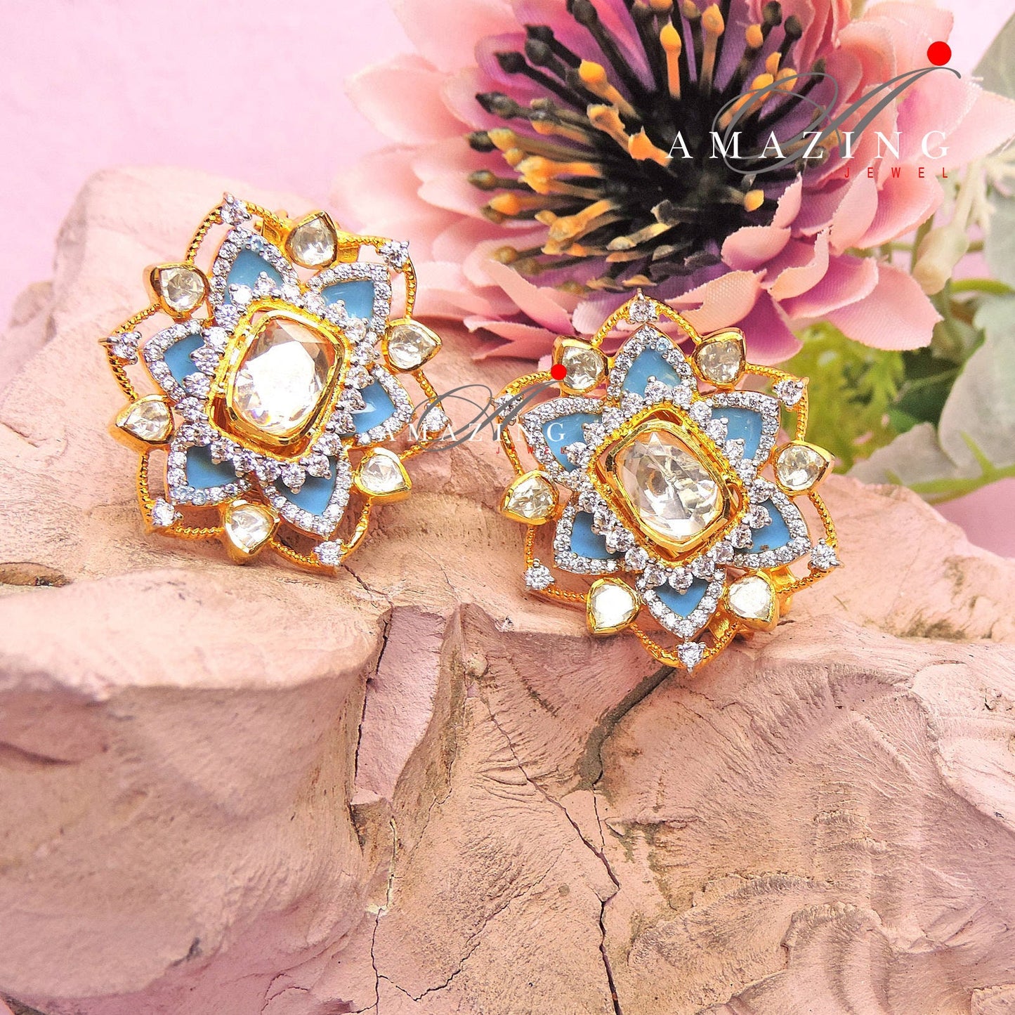 Silver Moissanite Polki Earrings, Enamel Polki Earring, Wedding Jewellery, Blue Firoza Enamel Stud, Royal Jewellery, Statement Earrings