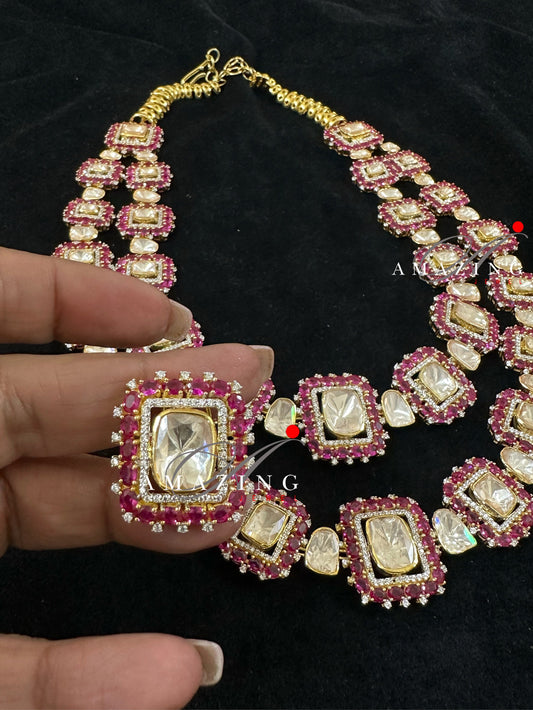 Silver Mossanite Polki Ruby Oval Necklace Set, Wedding Jewelery Set, Bridal Jewelery, Necklace set, Travel Jewellery, Polki Necklace Set