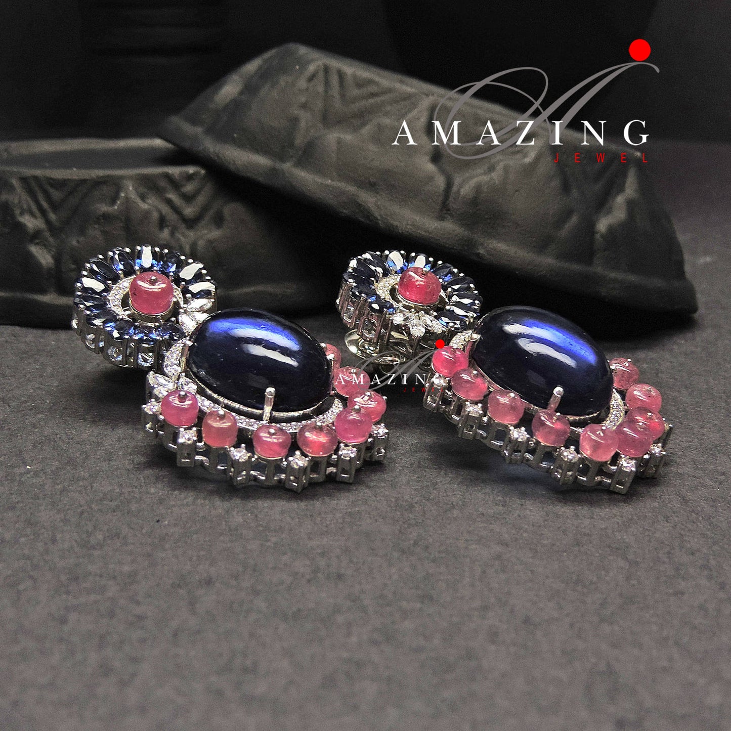 Silver Studded Cubic Zirconia Ruby Sapphire Earring ,Swarovski Studs ,Earring ,Contemporary Jewellery ,925 Silver Earring, Fine Jewellery