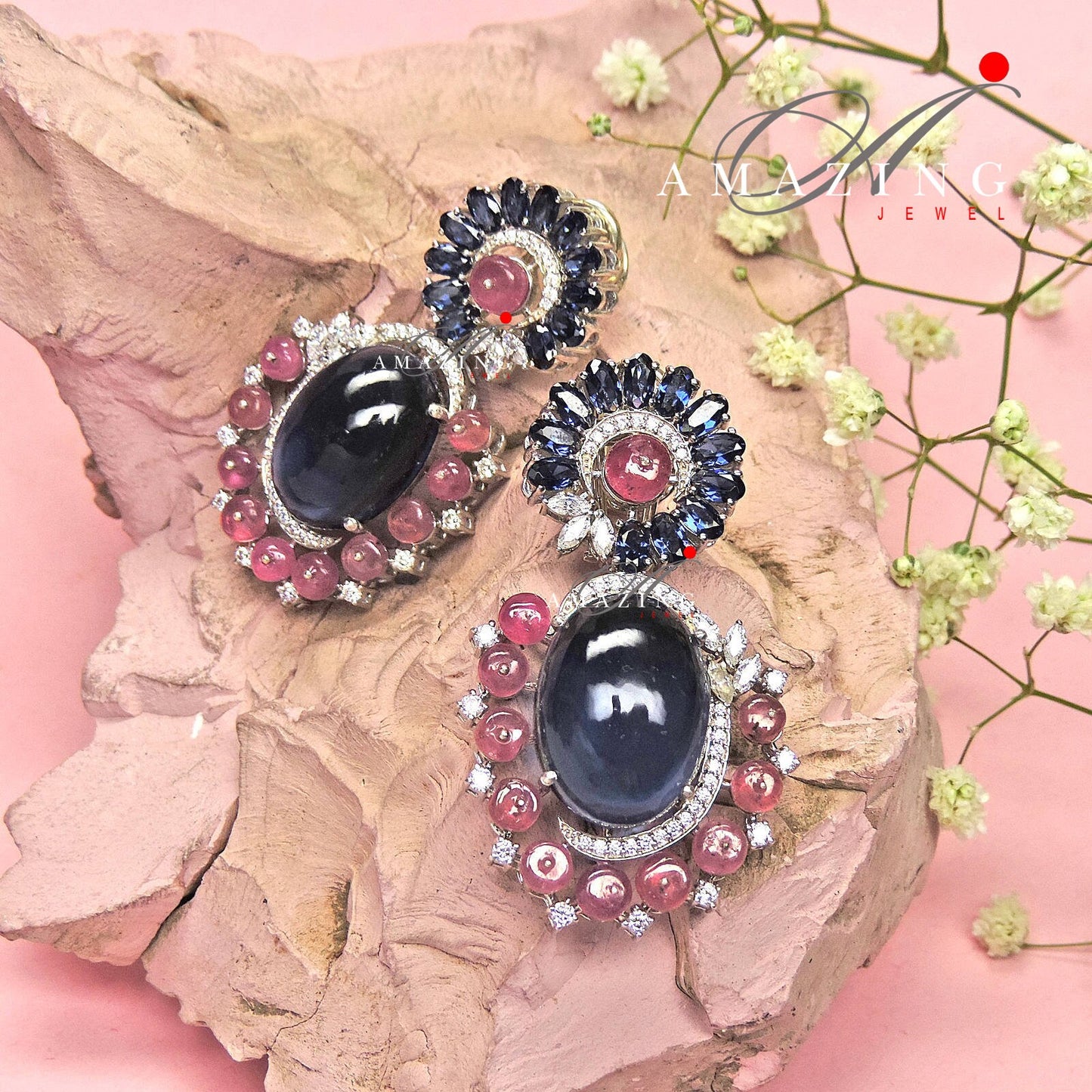 Silver Studded Cubic Zirconia Ruby Sapphire Earring ,Swarovski Studs ,Earring ,Contemporary Jewellery ,925 Silver Earring, Fine Jewellery