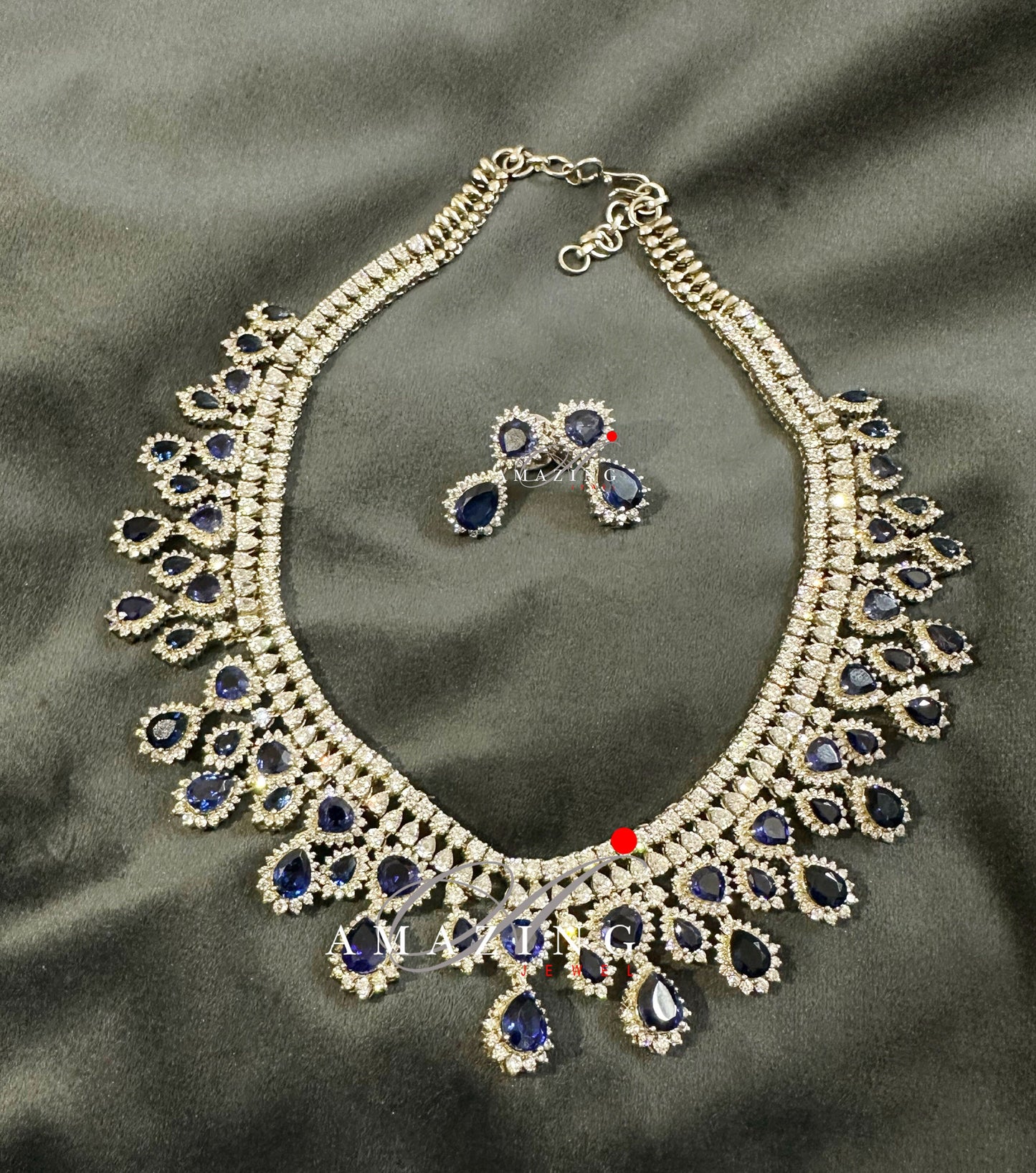 Silver Swarovski & Blue Sapphire Set, Wedding Jewellery Set,Bridal Jewellery, 925 Silver Necklace Set, Cocktail Party Set, Necklace, Earring