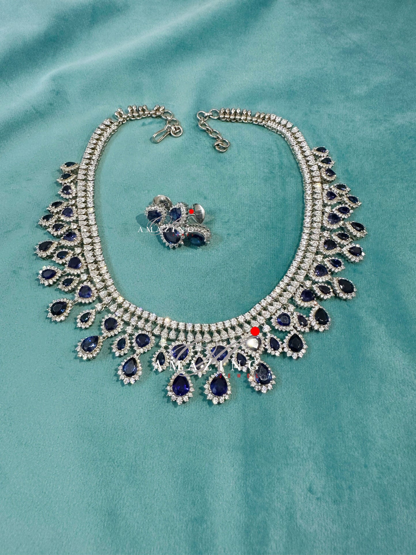 Silver Swarovski & Blue Sapphire Set, Wedding Jewellery Set,Bridal Jewellery, 925 Silver Necklace Set, Cocktail Party Set, Necklace, Earring