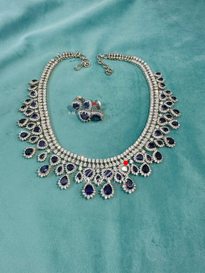 Silver Swarovski & Blue Sapphire Set, Wedding Jewellery Set,Bridal Jewellery, 925 Silver Necklace Set, Cocktail Party Set, Necklace, Earring