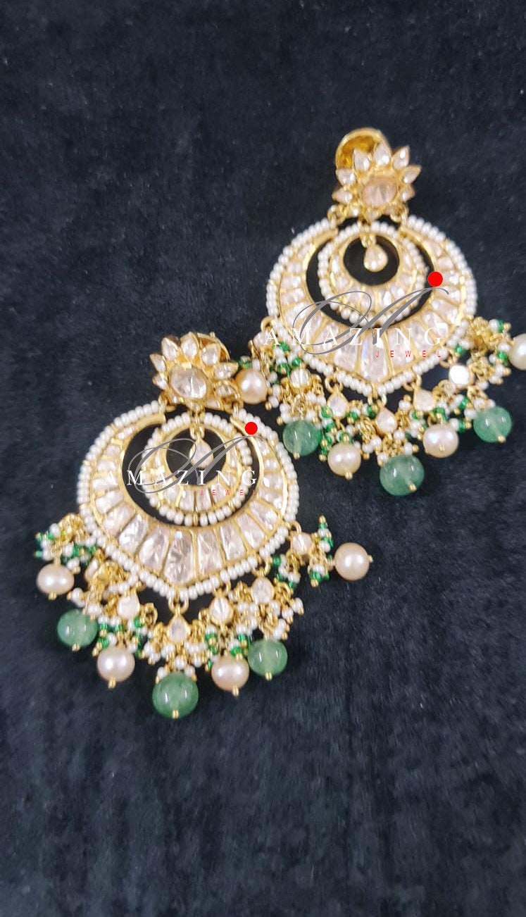 Silver Polki Chandbali, Emerald Earring, Kundan Chandbali, Bridal Jewelery, Traditional Jewelery, 925 Silver Earring, Chandbali, Polki