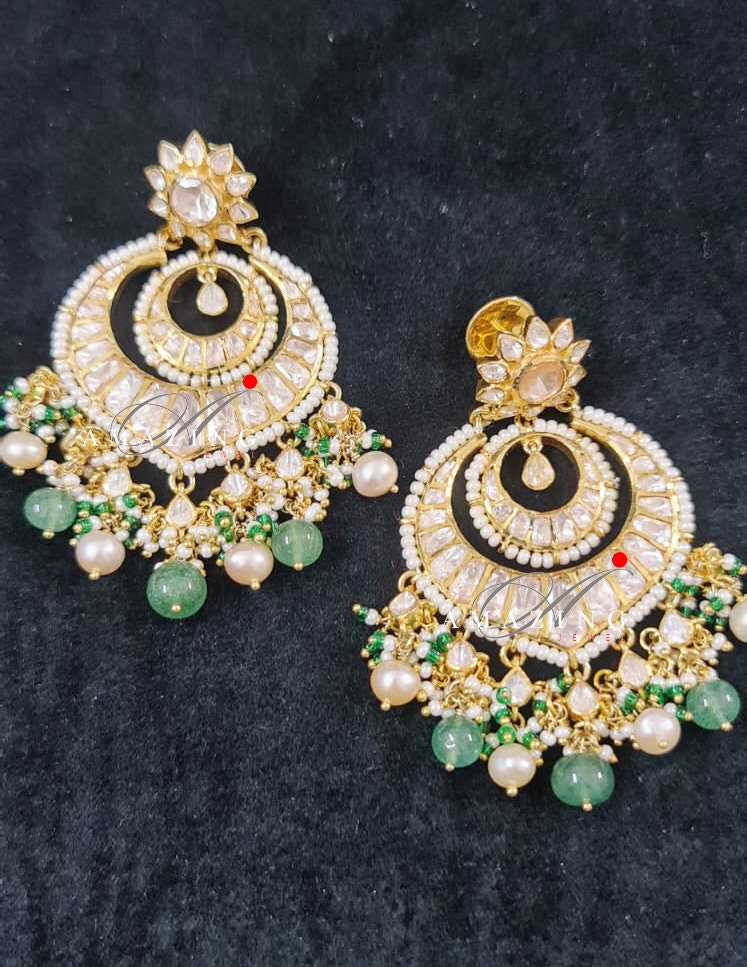 Silver Polki Chandbali, Emerald Earring, Kundan Chandbali, Bridal Jewelery, Traditional Jewelery, 925 Silver Earring, Chandbali, Polki