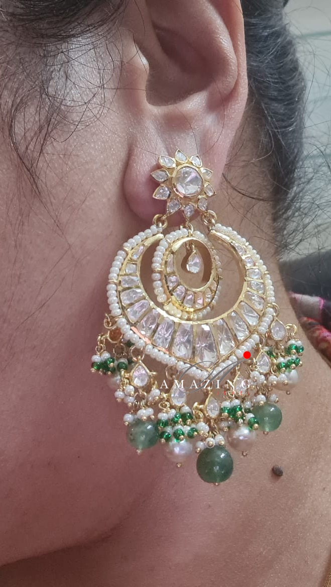 Silver Polki Chandbali, Emerald Earring, Kundan Chandbali, Bridal Jewelery, Traditional Jewelery, 925 Silver Earring, Chandbali, Polki