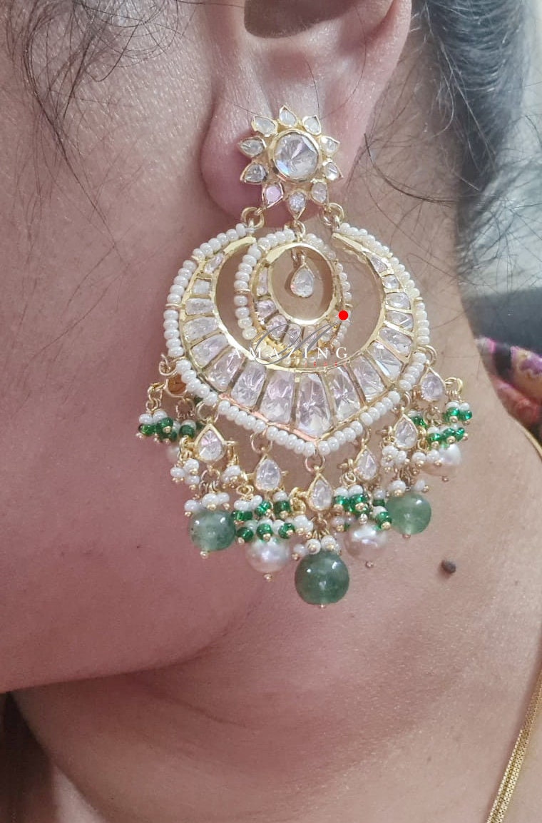 Silver Polki Chandbali, Emerald Earring, Kundan Chandbali, Bridal Jewelery, Traditional Jewelery, 925 Silver Earring, Chandbali, Polki