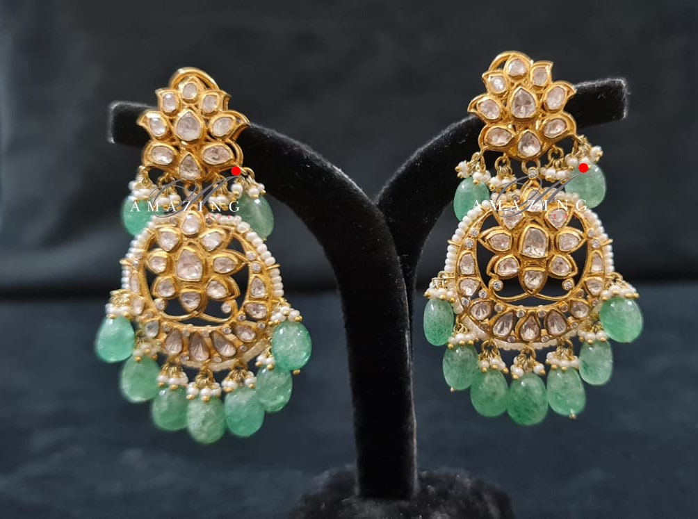 Silver Polki Chandbali, Emerald Earring, Kundan Chandbali, Bridal Jewelery, Traditional Jewelery, 925 Silver Earring, Chandbali, Mossianite