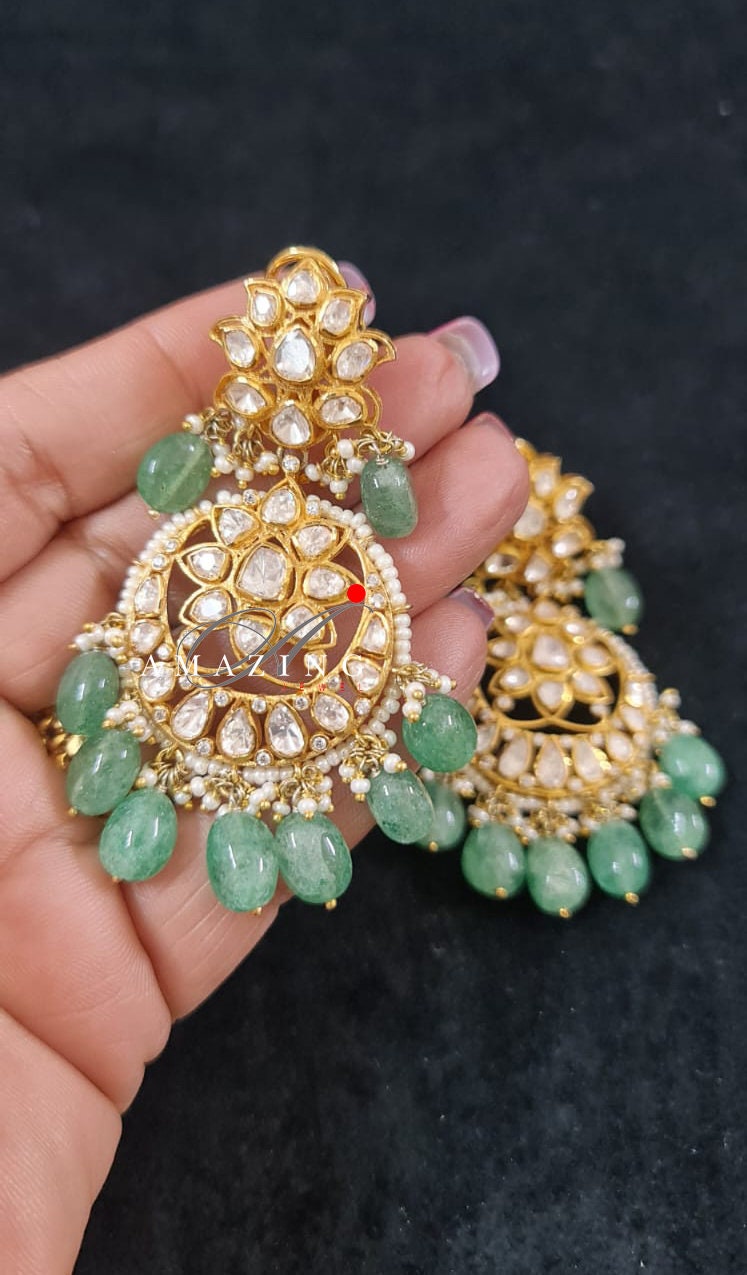 Silver Polki Chandbali, Emerald Earring, Kundan Chandbali, Bridal Jewelery, Traditional Jewelery, 925 Silver Earring, Chandbali, Mossianite