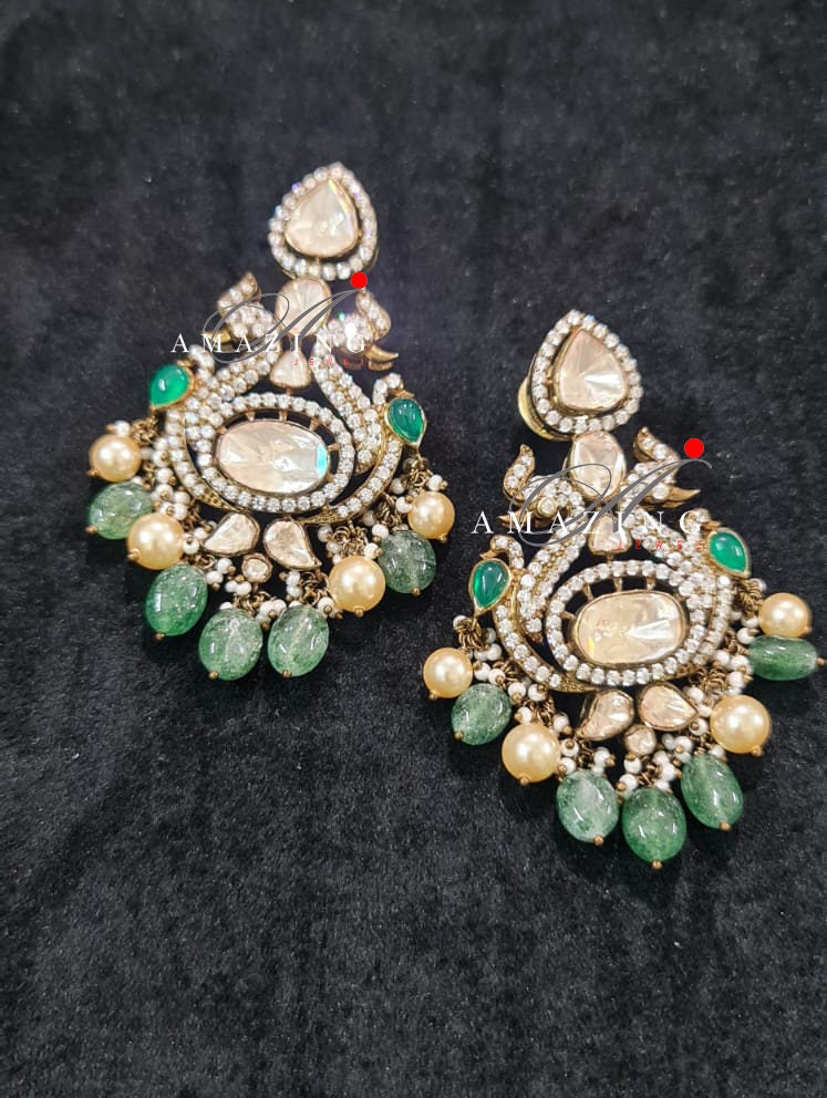 Silver Moissanite Polki Swarovski Stones Earring, Kundan Earring, Bridal Jewelery, South Indian Jewellery, 925 Silver Uncut Oxidised Earring