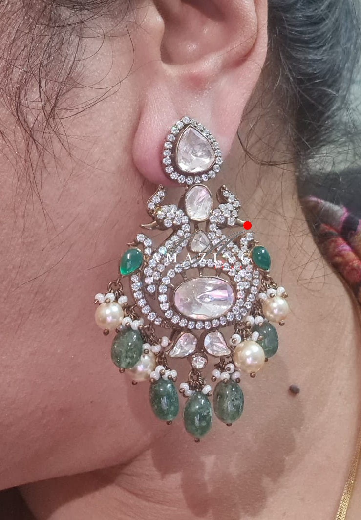 Silver Moissanite Polki Swarovski Stones Earring, Kundan Earring, Bridal Jewelery, South Indian Jewellery, 925 Silver Uncut Oxidised Earring