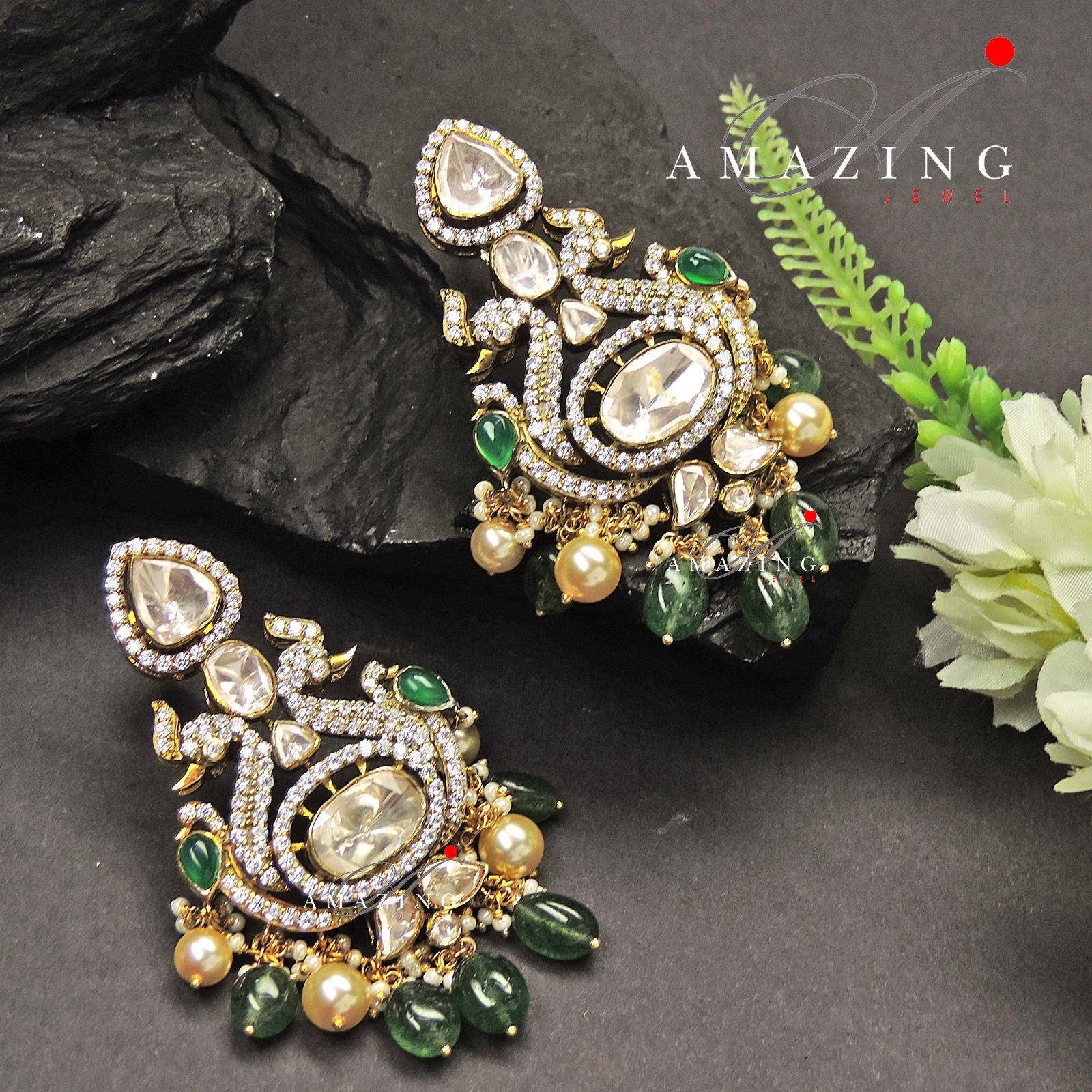 Silver Moissanite Polki Swarovski Stones Earring, Kundan Earring, Bridal Jewelery, South Indian Jewellery, 925 Silver Uncut Oxidised Earring