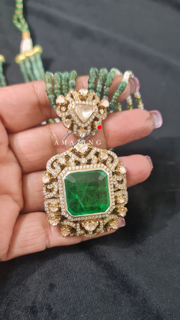 Silver Moissanite Polki Emerald Pendant, Polki Jewellery, Wedding Jewellery, Indian Traditional Jewellery, Pendant, Victorian Pendant