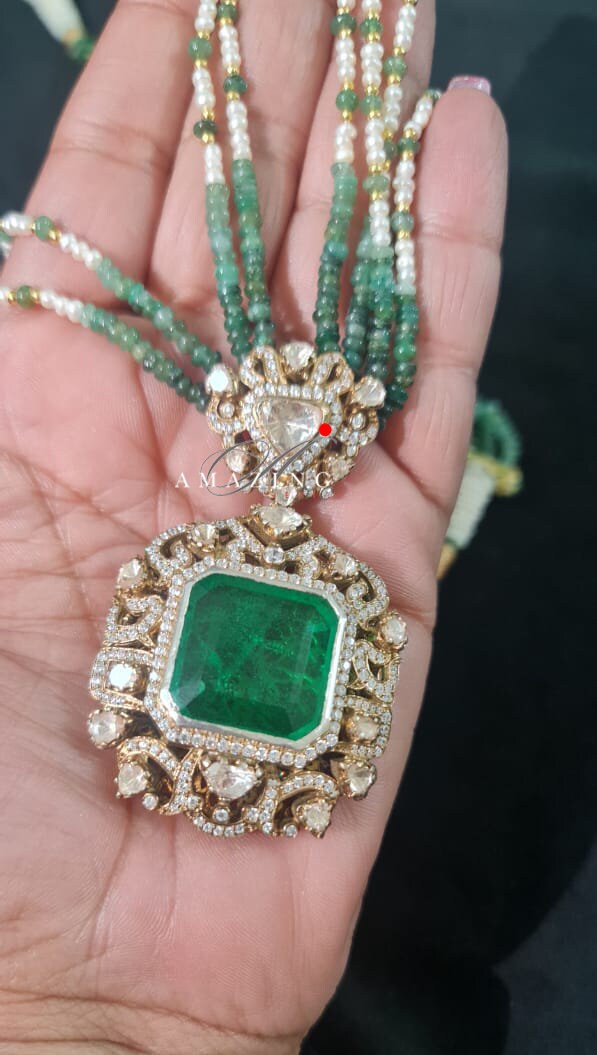 Silver Moissanite Polki Emerald Pendant, Polki Jewellery, Wedding Jewellery, Indian Traditional Jewellery, Pendant, Victorian Pendant