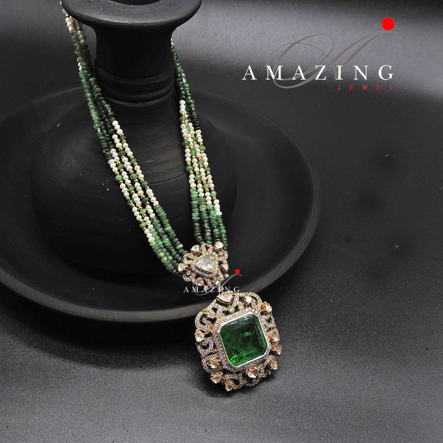 Silver Moissanite Polki Emerald Pendant, Polki Jewellery, Wedding Jewellery, Indian Traditional Jewellery, Pendant, Victorian Pendant