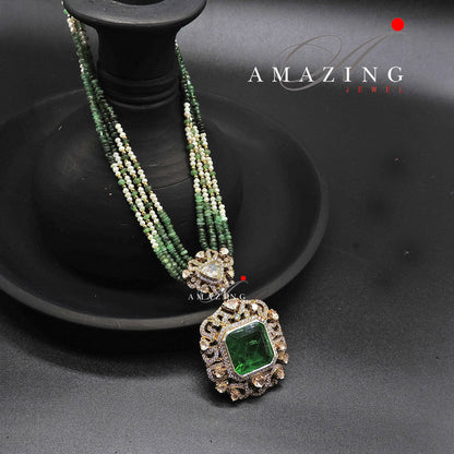 Silver Moissanite Polki Emerald Pendant, Polki Jewellery, Wedding Jewellery, Indian Traditional Jewellery, Pendant, Victorian Pendant