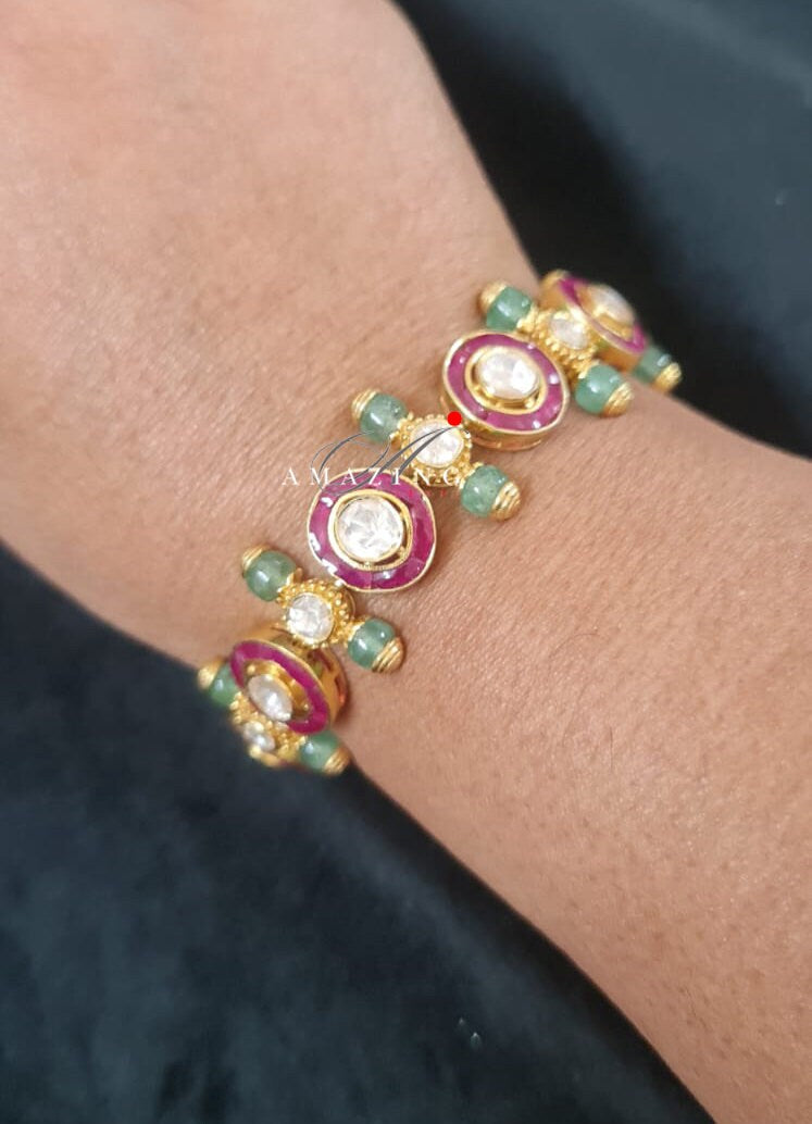 Silver Moissanite Polki Bracelet, Hydro Ruby chips Stones, Moissanite Polki Bracelet, Emerald Polki Bracelet, Bracelet, Statement Bracelet