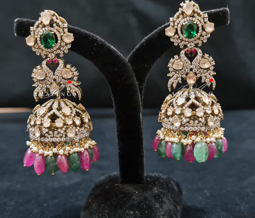 Silver Moissanite Polki Oxicidised Jhumka, Polki Kundan Earring, Indian Wedding Jewelery, Silver Moissanite Polki Jhumki, Big Jhumka, Jhumka