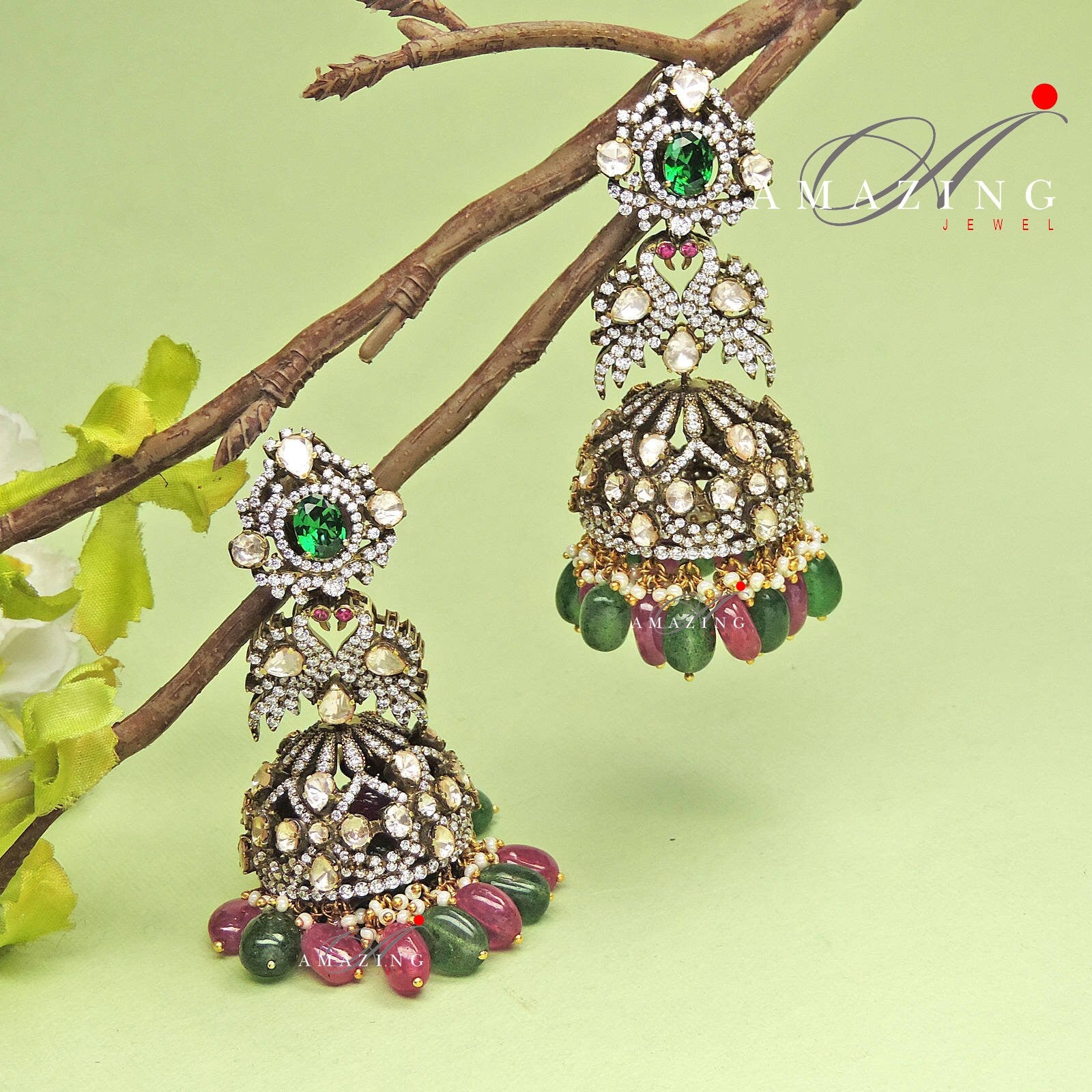 Silver Moissanite Polki Oxicidised Jhumka, Polki Kundan Earring, Indian Wedding Jewelery, Silver Moissanite Polki Jhumki, Big Jhumka, Jhumka