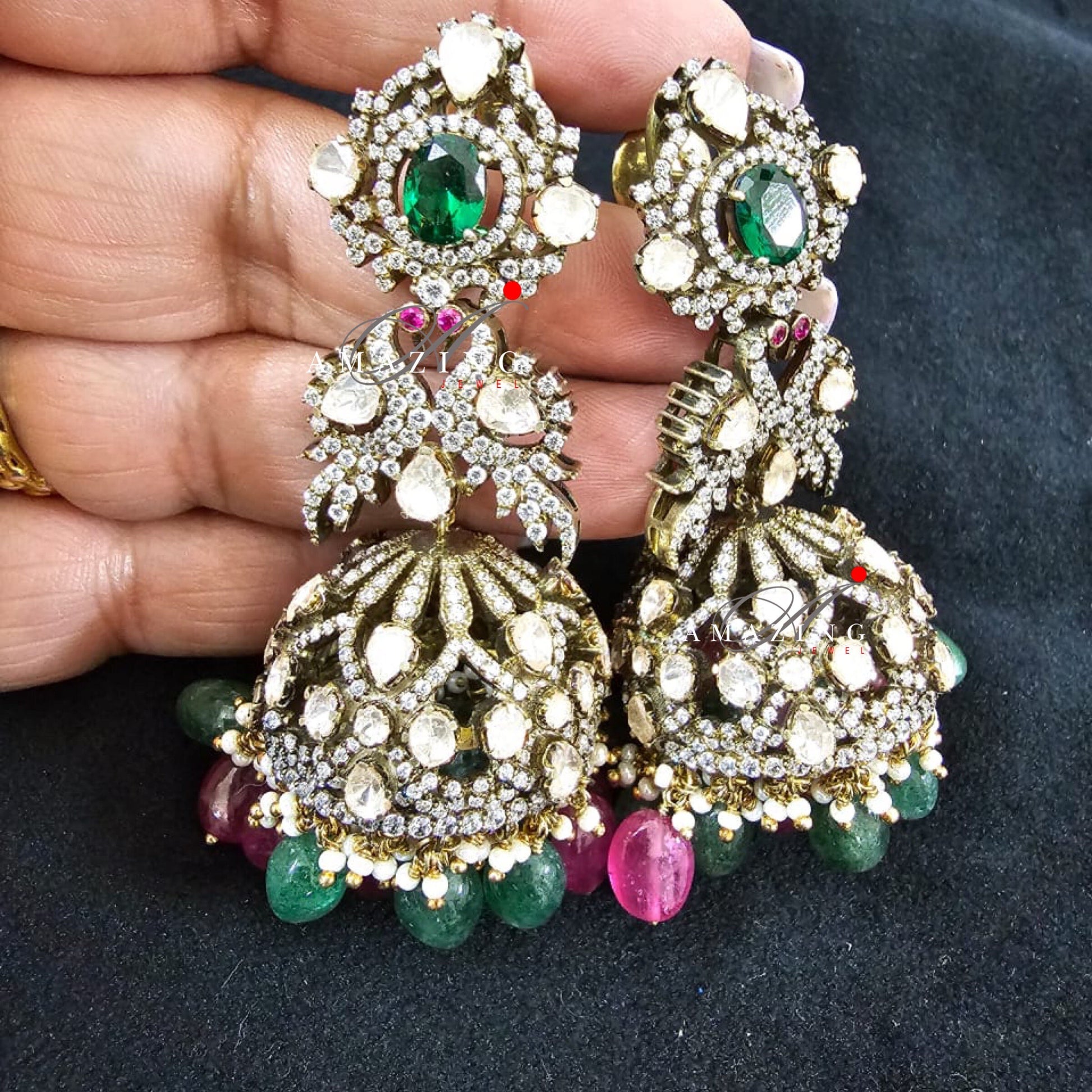 Silver Moissanite Polki Oxicidised Jhumka, Polki Kundan Earring, Indian Wedding Jewelery, Silver Moissanite Polki Jhumki, Big Jhumka, Jhumka