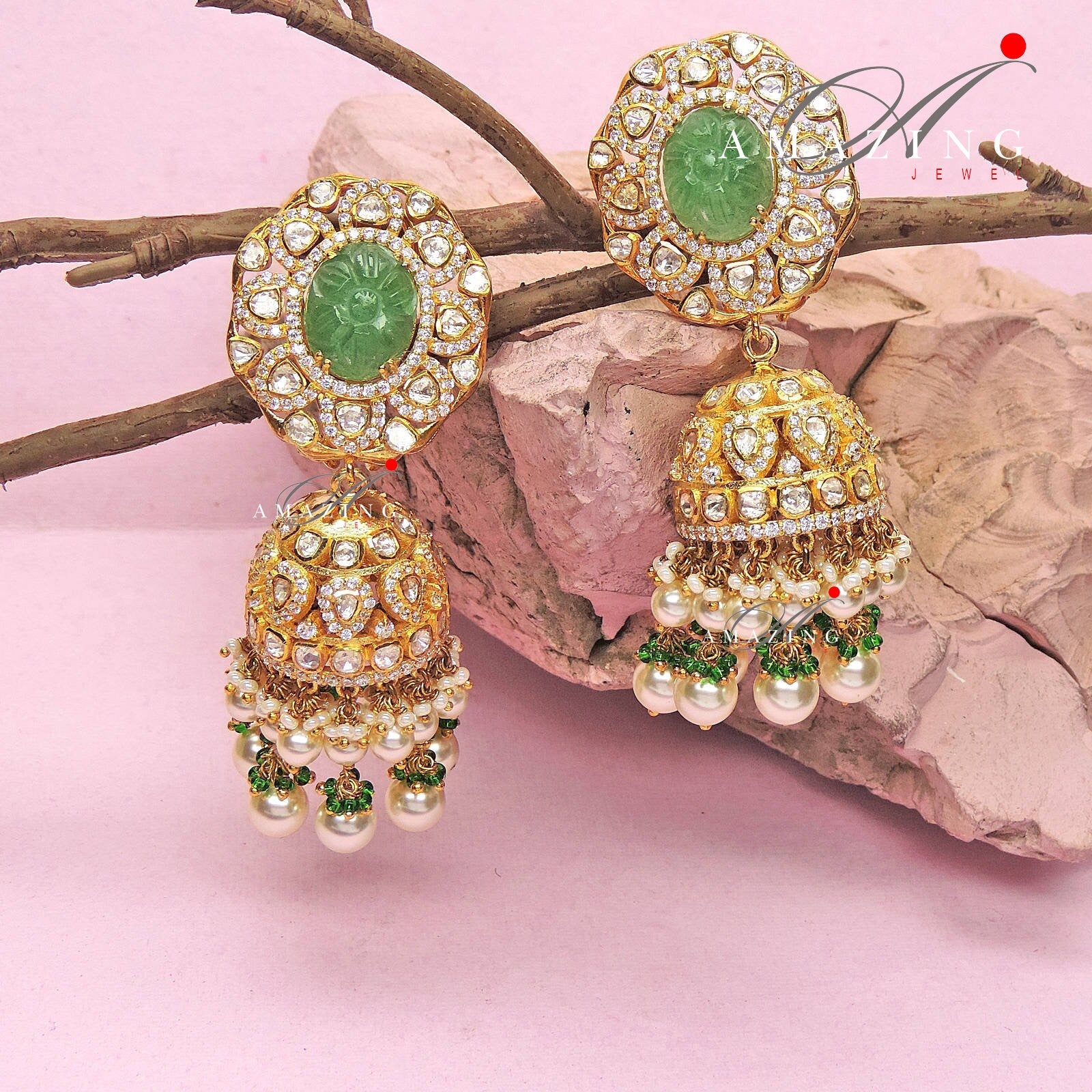 Silver Mossanite Polki Hydro Emerald Tumble Set , Indian Wedding Jewelry Set, Bridal Jewellery ,Necklace set, Choker Set, Jhumka, Earring