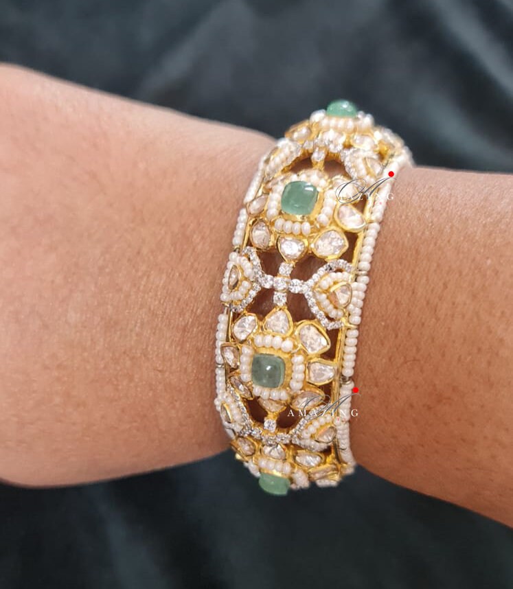 Silver Moissanite Polki Hydro Emerald Bangle, 925 Bangle, Bridal Polki Bangle, Indian Traditional Bangle, Wedding Bangle, Bridal Jewellery