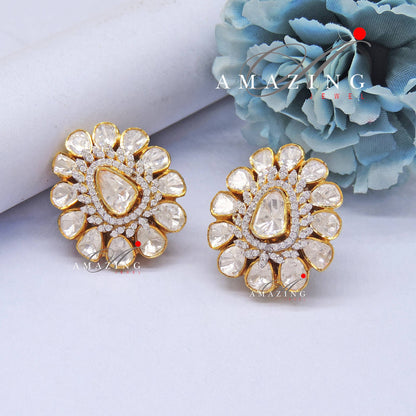 Silver Moissanite Polki Swarovski Earring, Moissanite Kundan Earring, Stud Earring, Bridal Jewellery, Traditional Jewellery, Women Jewellery