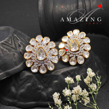 Silver Moissanite Polki Swarovski Earring, Moissanite Kundan Earring, Stud Earring, Bridal Jewellery, Traditional Jewellery, Women Jewellery