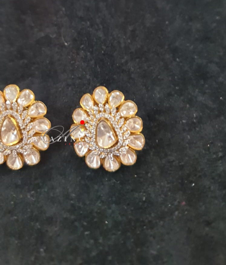 Silver Moissanite Polki Swarovski Earring, Moissanite Kundan Earring, Stud Earring, Bridal Jewellery, Traditional Jewellery, Women Jewellery