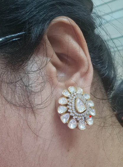 Silver Moissanite Polki Swarovski Earring, Moissanite Kundan Earring, Stud Earring, Bridal Jewellery, Traditional Jewellery, Women Jewellery