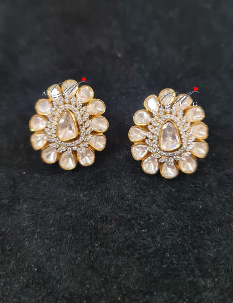 Silver Moissanite Polki Swarovski Earring, Moissanite Kundan Earring, Stud Earring, Bridal Jewellery, Traditional Jewellery, Women Jewellery