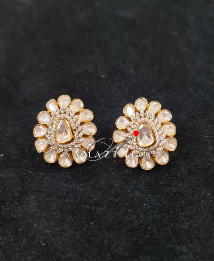 Silver Moissanite Polki Swarovski Earring, Moissanite Kundan Earring, Stud Earring, Bridal Jewellery, Traditional Jewellery, Women Jewellery