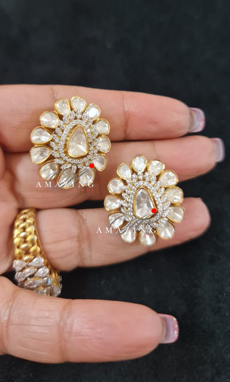 Silver Moissanite Polki Swarovski Earring, Moissanite Kundan Earring, Stud Earring, Bridal Jewellery, Traditional Jewellery, Women Jewellery