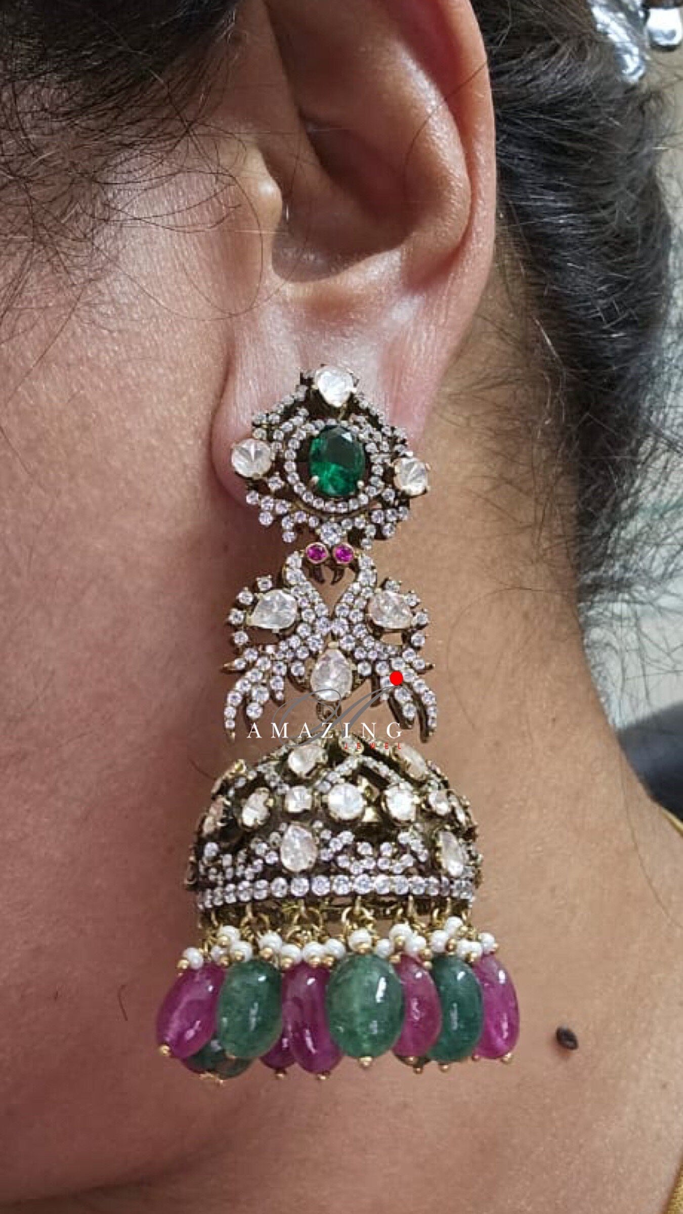 Silver Moissanite Polki Oxicidised Jhumka, Polki Kundan Earring, Indian Wedding Jewelery, Silver Moissanite Polki Jhumki, Big Jhumka, Jhumka