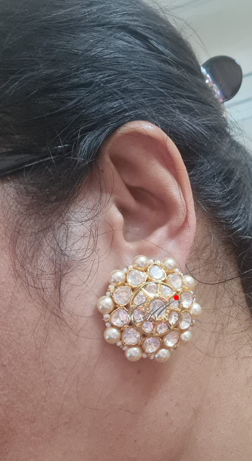 Silver Moissanite Polki  Pearls Earring, Moissanite Kundan Earring, Stud Earring, Bridal Jewellery, Traditional Jewellery, Women Jewellery