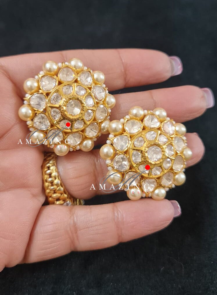 Silver Moissanite Polki  Pearls Earring, Moissanite Kundan Earring, Stud Earring, Bridal Jewellery, Traditional Jewellery, Women Jewellery