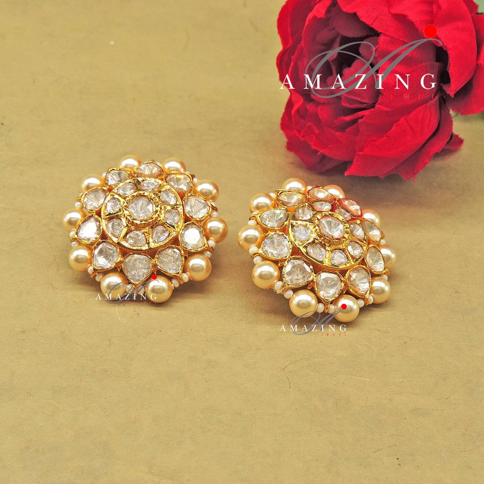 Silver Moissanite Polki  Pearls Earring, Moissanite Kundan Earring, Stud Earring, Bridal Jewellery, Traditional Jewellery, Women Jewellery