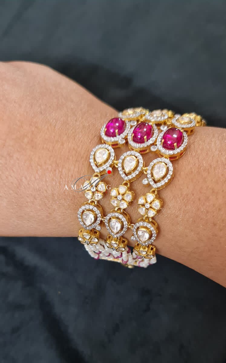 Silver Moissanite Polki Bracelet, Ruby Cab Stones, Indian Traditional Bracelet, Moissanite Bracelet, Bridal Jewellery, Openable Bracelet